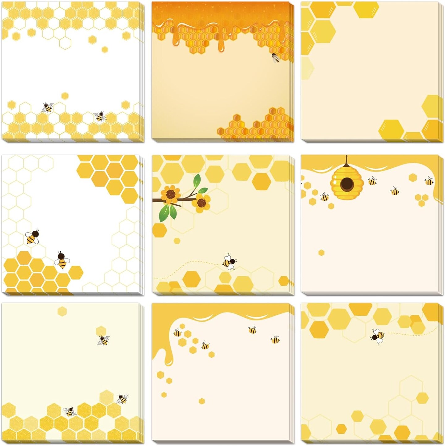 9 Pieces Bee Sticky Notes 3x3 Inch Cute Bee Note Pads Adesive Bee Memo Notes for School Office Home Supplies Students Teachers Gift