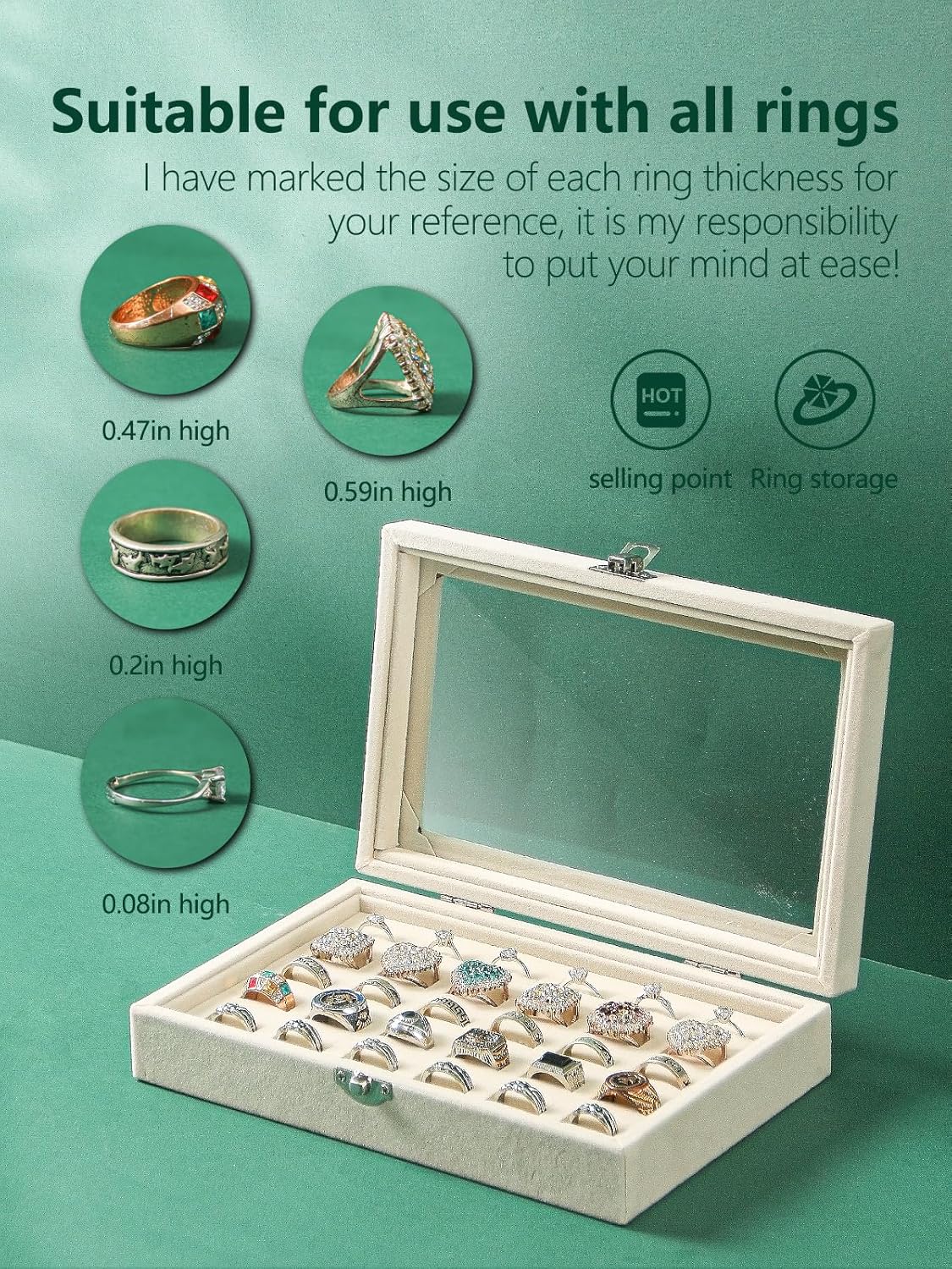 Ring Holder Organizer Box,Jewelry Ring Display Case, Earring Necklace Storage Tray With Top Glass Lid
