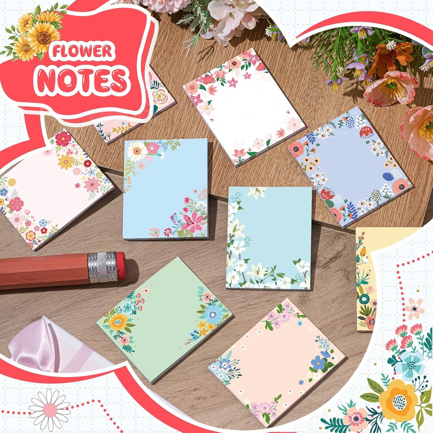 9 Pads Cute Sticky Notes Animal Sticky Note Pads 3.15 x 3.94 Inches Colored Adhesive Memo Reminder Decor for Journal School Office Gifts(Flower)