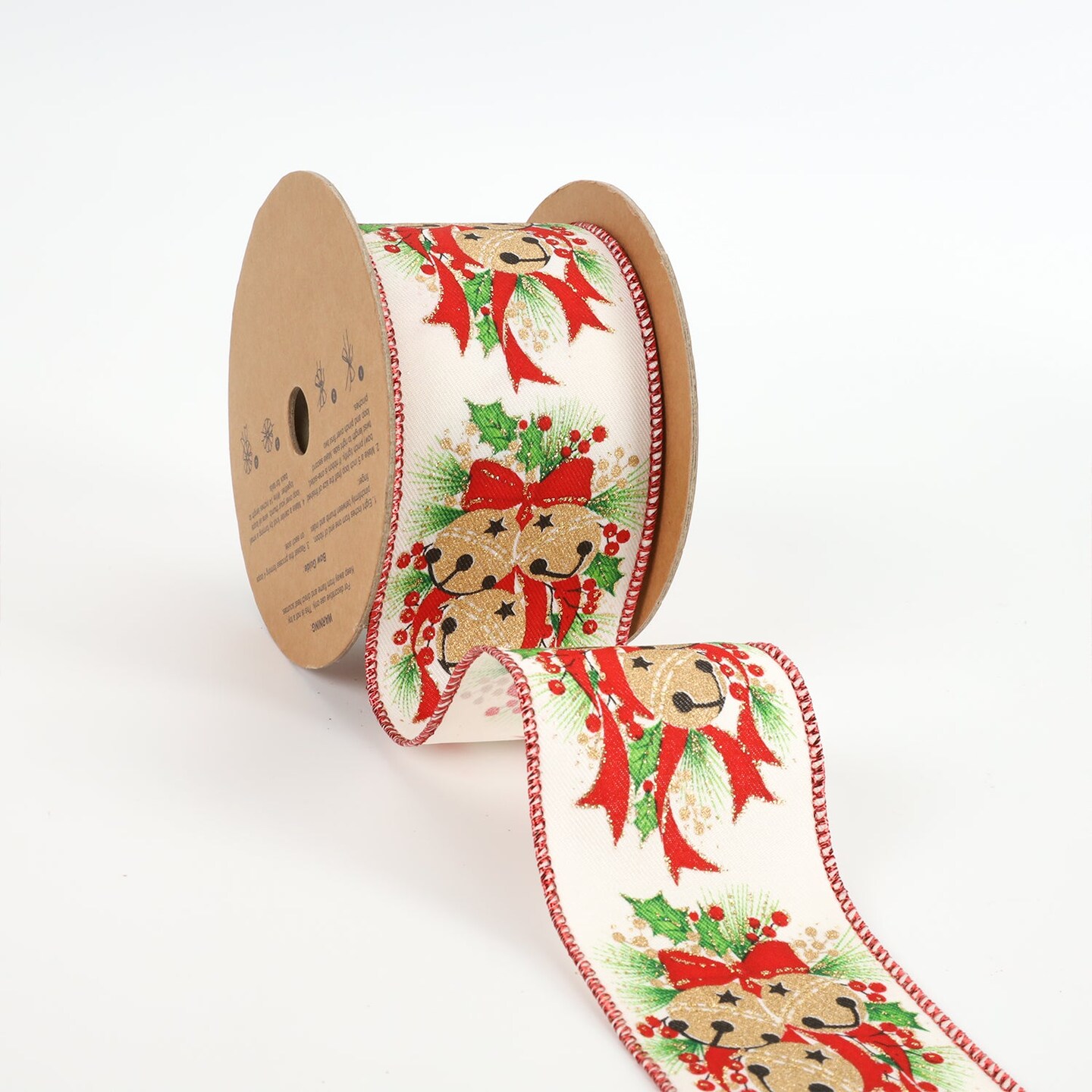 LaRibbons 2 1/2" Holiday Wired Ribbon | White Bells w/ Holly | 10 Yard Roll