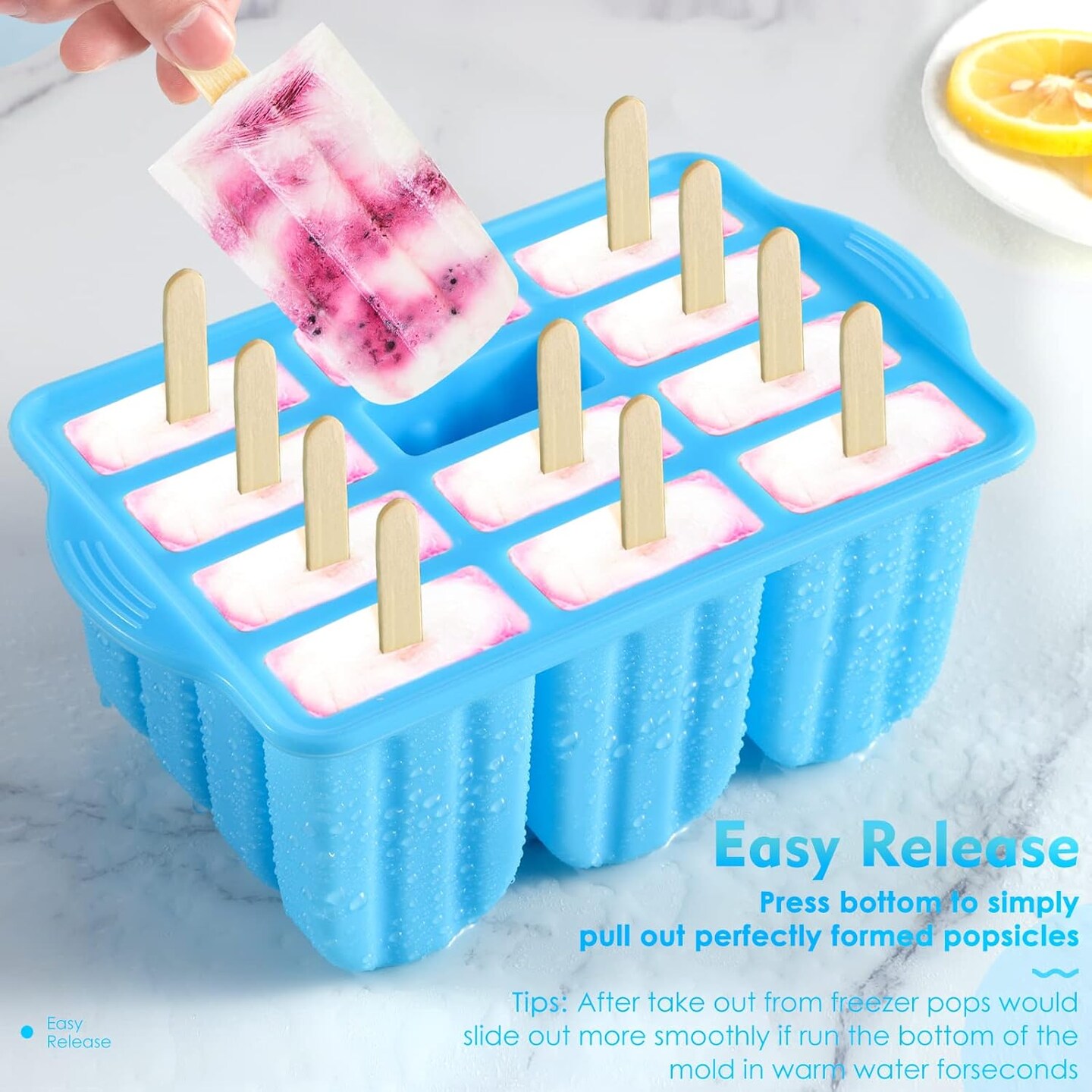 Popsicle Molds Silicone BPA-free,12 Pieces Popsicle Trays for Freezer,Homemade Ice Cream Popsicle Molds,Large Ice Pop Maker Set,Reusable Ice Lolly Mould with 100PCS Popsicle Sticks (Bule)