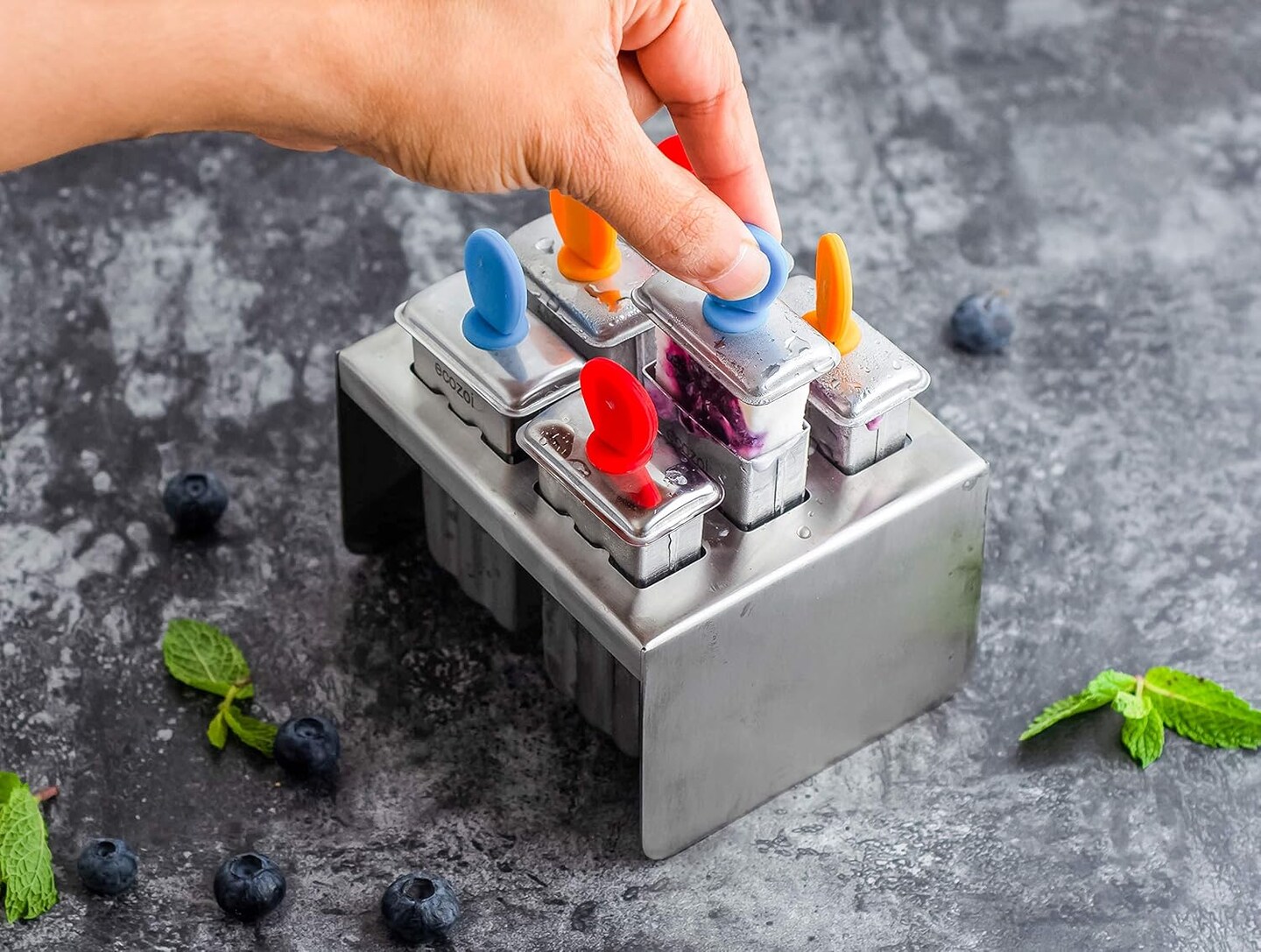 Stainless Steel Popsicle Molds, 6 Mini Popsicle Makers, 6 Reusable Stainless Steel Sticks, 12 Silicone Seals and 1 Rack, Eco Popsicle Molds for Kids and Adults, 2 oz Per Mold (Square)