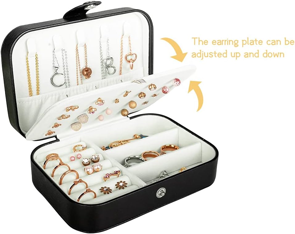 Travel Jewelry Box for Women & Girls – PU Leather Mini Jewelry Organizer Case for Rings, Earrings, Necklaces, Bracelets, Portable Double-Layer Travel Storage