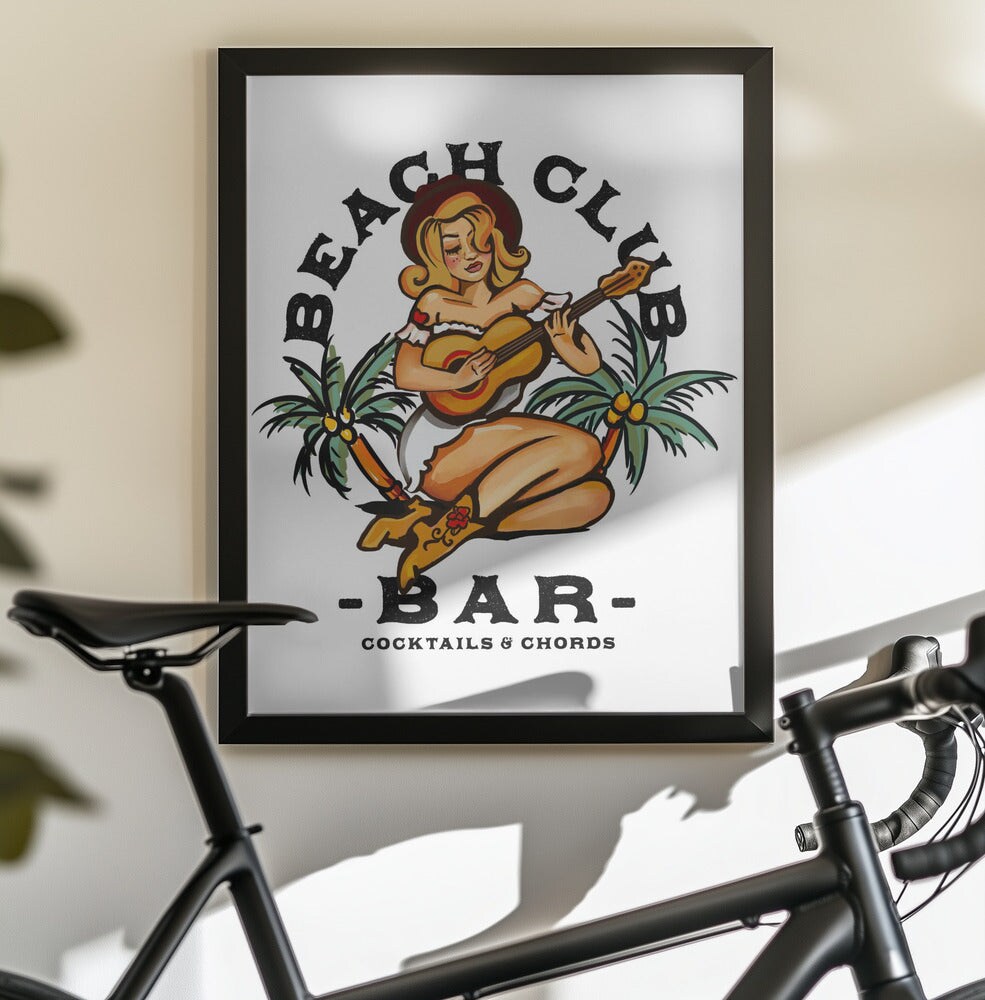 Beach Club Bar. Sailor Jerry Style Pin-up Girl Playing Guitar - The Whiskey Ginger 24x36 Black Framed Art | Home or Office Art