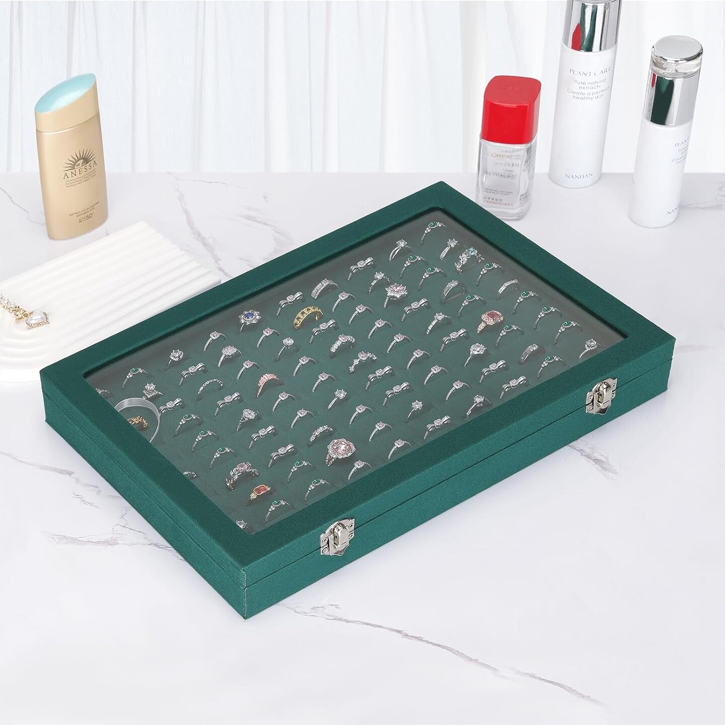 100 Slots Ring Organizer Display Tray, Velet Jewelry Ring Stud Earring Holder Storage Box with Transparent Lid