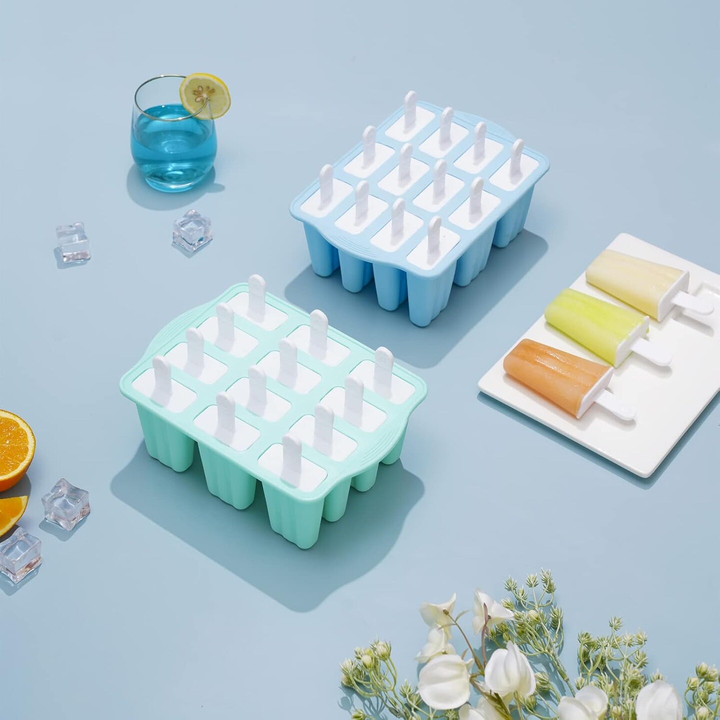 Popsicle Molds, 12 Pieces Silicone Ice Pop Molds Popsicle Mold Silicone BPA Free Reusable 14 Sticks Easy Release Ice Pop Make (Green, 12 Cavities)