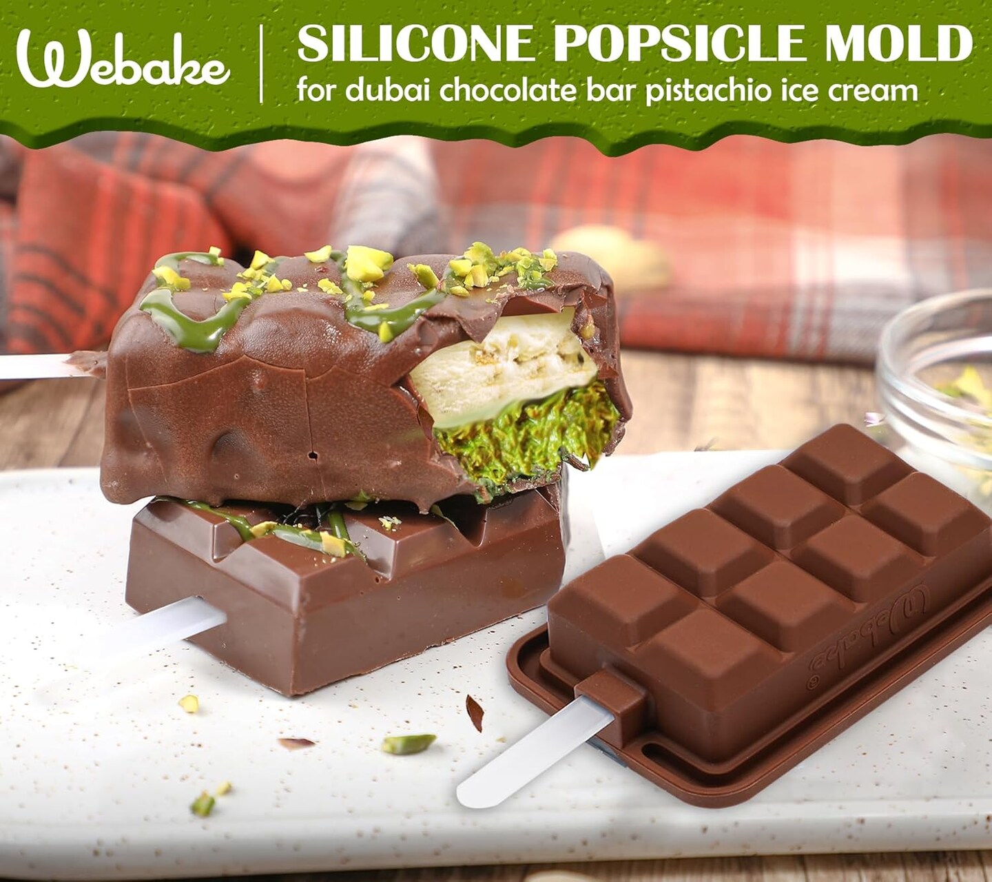 Silicone Popsicle Molds for Dubai Chocolate Ice Cream Bar, Ice Pop Mold with Popular Chocolate Bar Design for Homemade Frozen Snacks, 4 Pack Studry Plastic Lids and Sticks