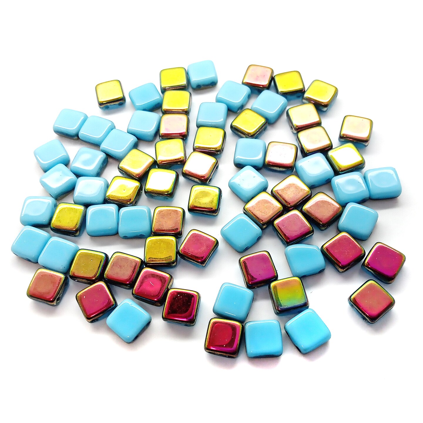 Czech Glass Tile Beads, 50 pc, 6mm Two-tone Light Blue & Metallic, Adorabilities