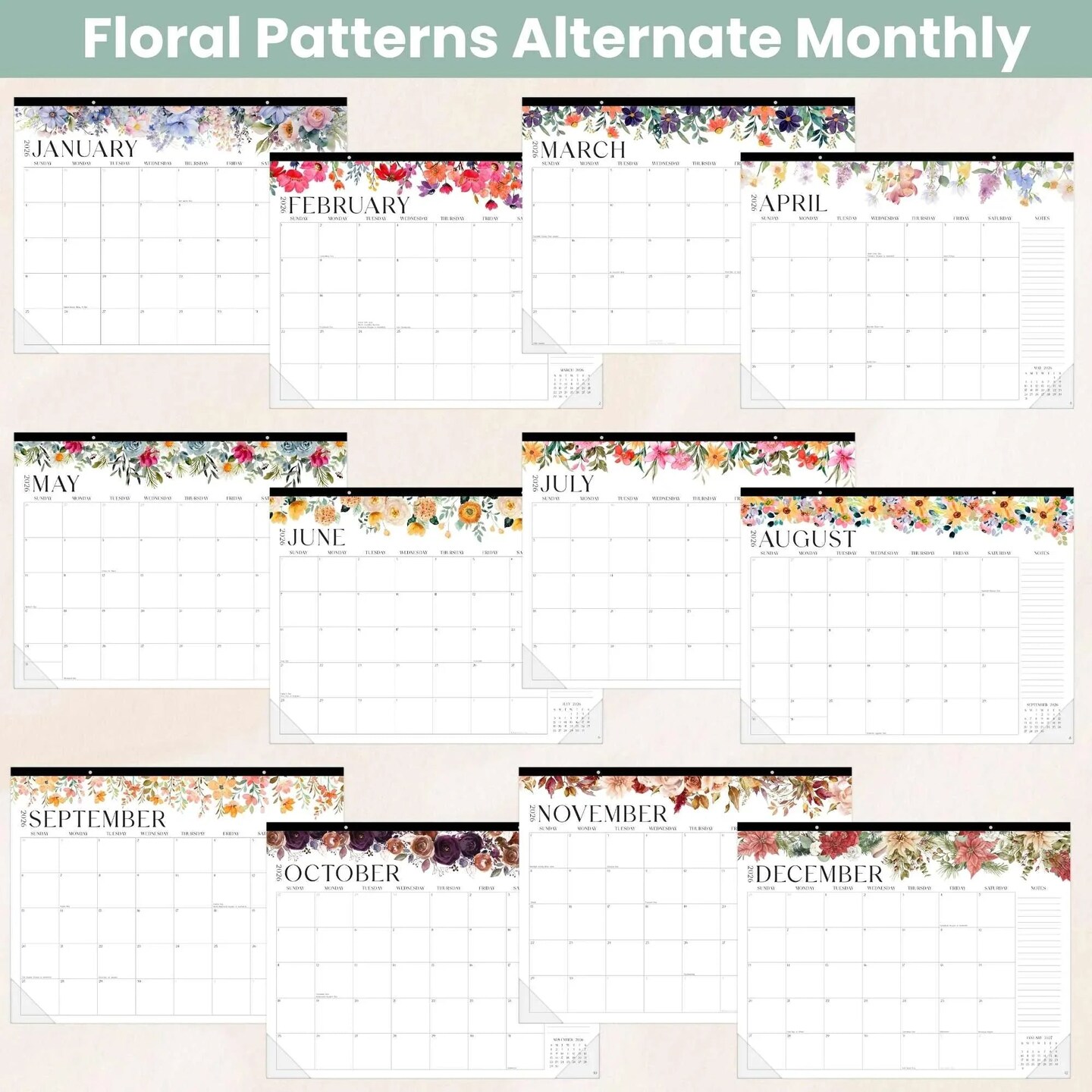 bloom daily planners 2026 Desk & Wall Calendar, 16" x 21", Seasonal Florals