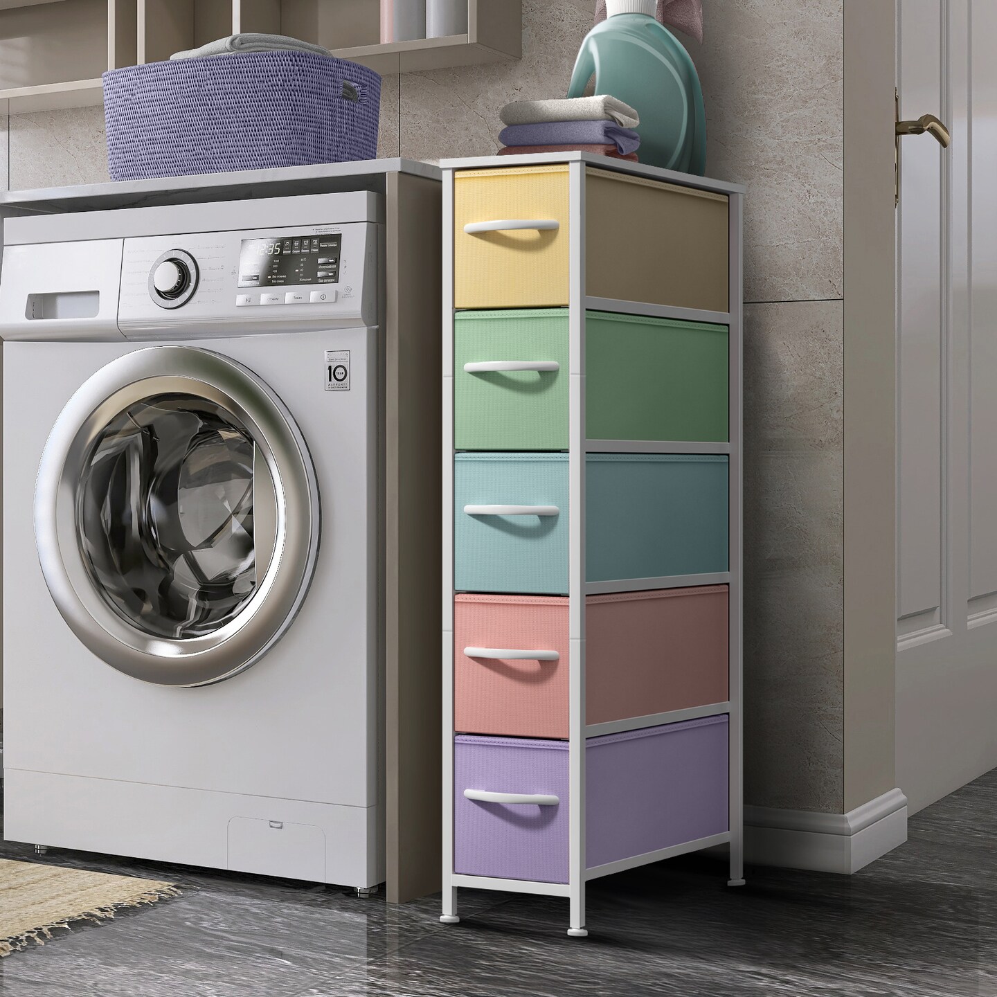 Sorbus Narrow Dresser with 5 Drawers - Steel Frame, Wood Top & Easy Pull Fabric Bins