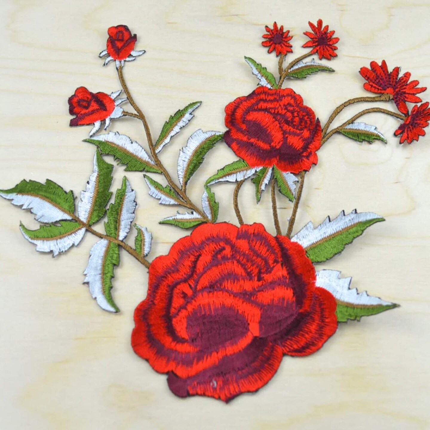 7.25" x 7.75" Red Rose Embroidery Patch Iron On Floral Motif Applique Craft