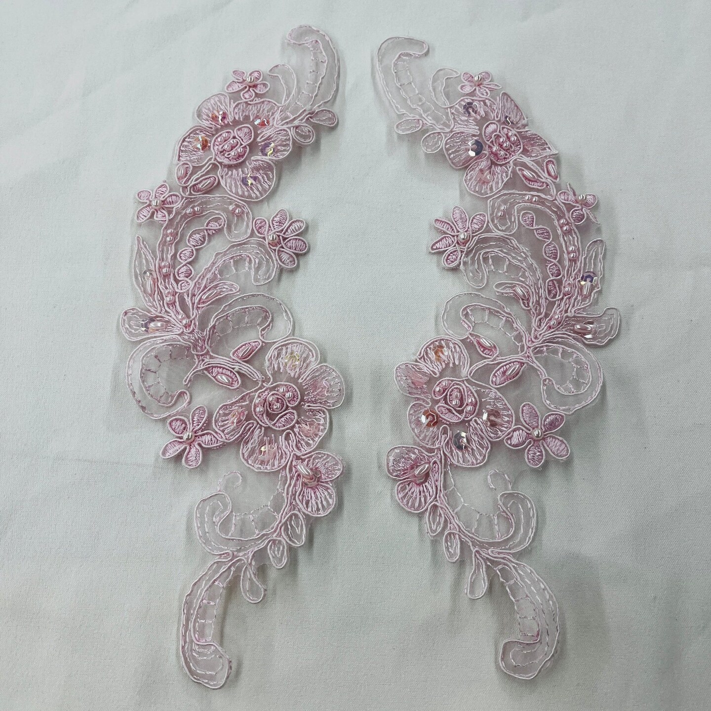 1 Pair Beaded & Corded Floral Lace Applique 10" x 3" Each Side