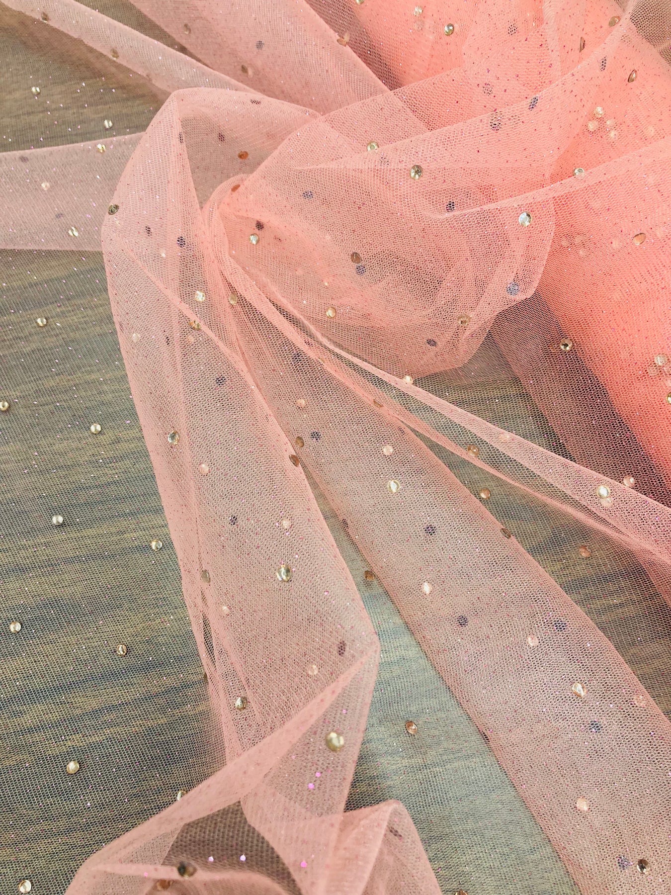 1 Yard Champagne Glitter Mesh Fabric with Scattered Rhinestones Stretch 60 Inch Width