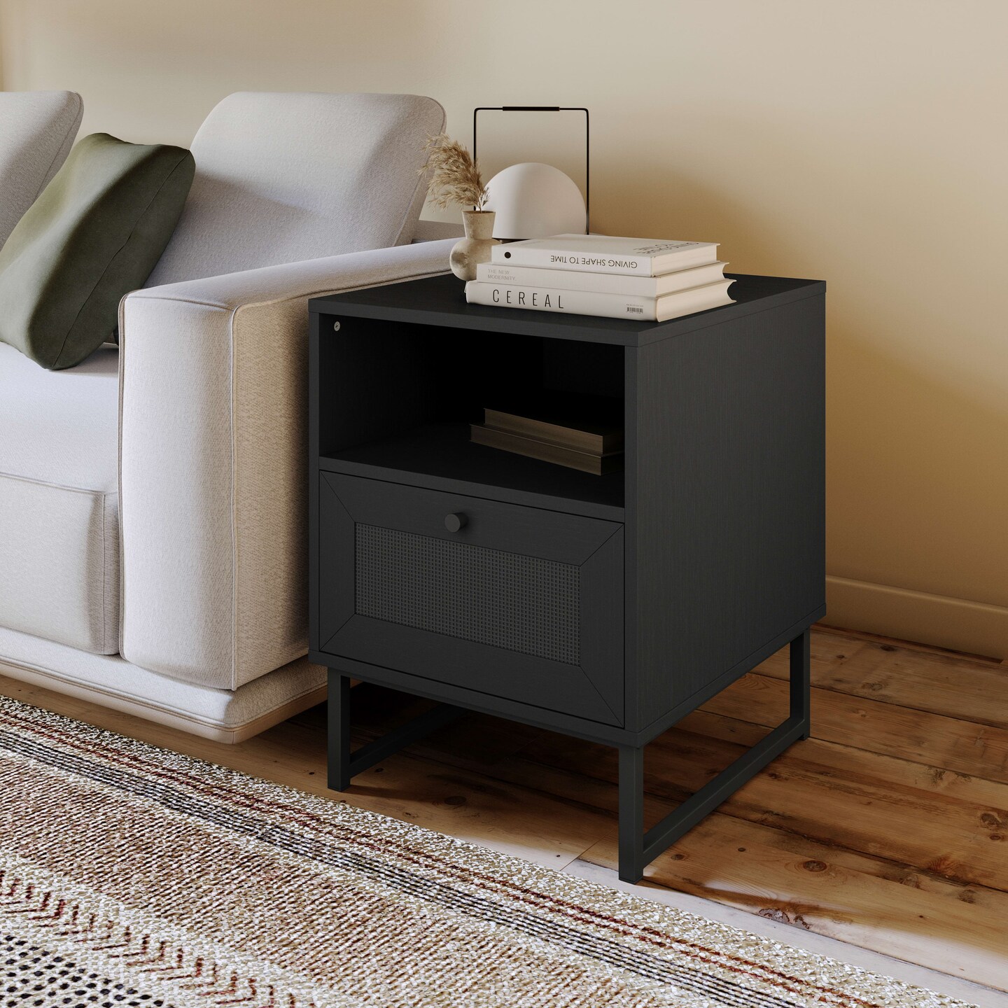 Merrick Lane Burkett Set of 2 Mid-Century Modern Wooden Bed Side Tables/Nightstands with Drawer and Shelf