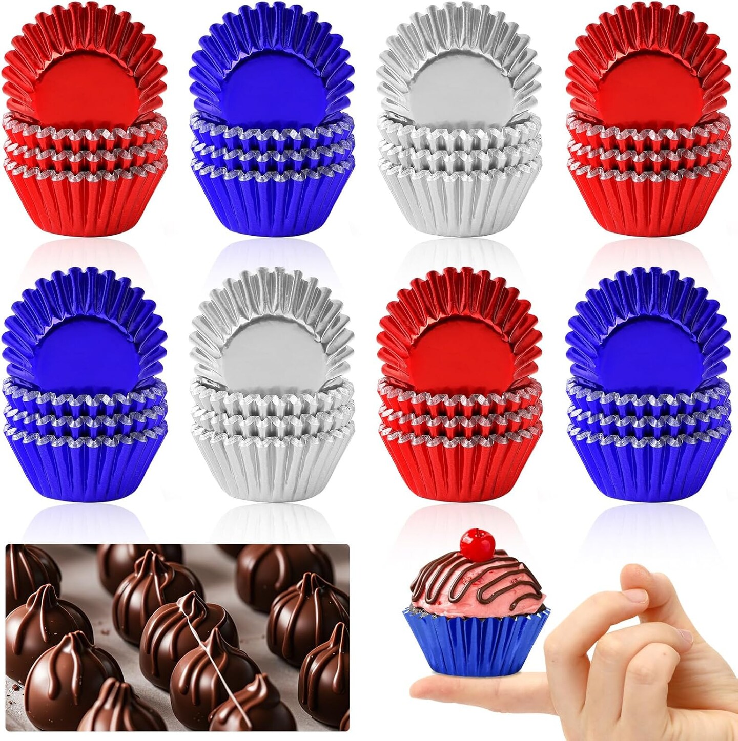 400pcs 4th of July Mini Foil Cupcake Liners Cupcake Red Blue Silver