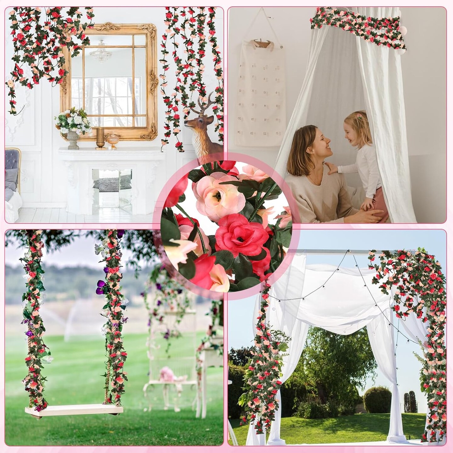 8 Pcs 65.6FT Flower Garland,Rose Garland,PinkFlower Vines for Decoration, Wedding, Garden, Wall Decoration,Backdrop,Bedroom,Birthday Party