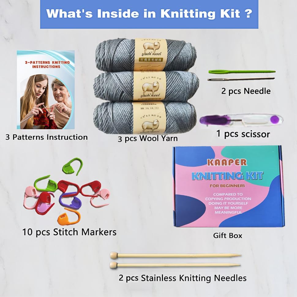 Knitting Kit for Beginners Adults &#x26; Kids (Gray)