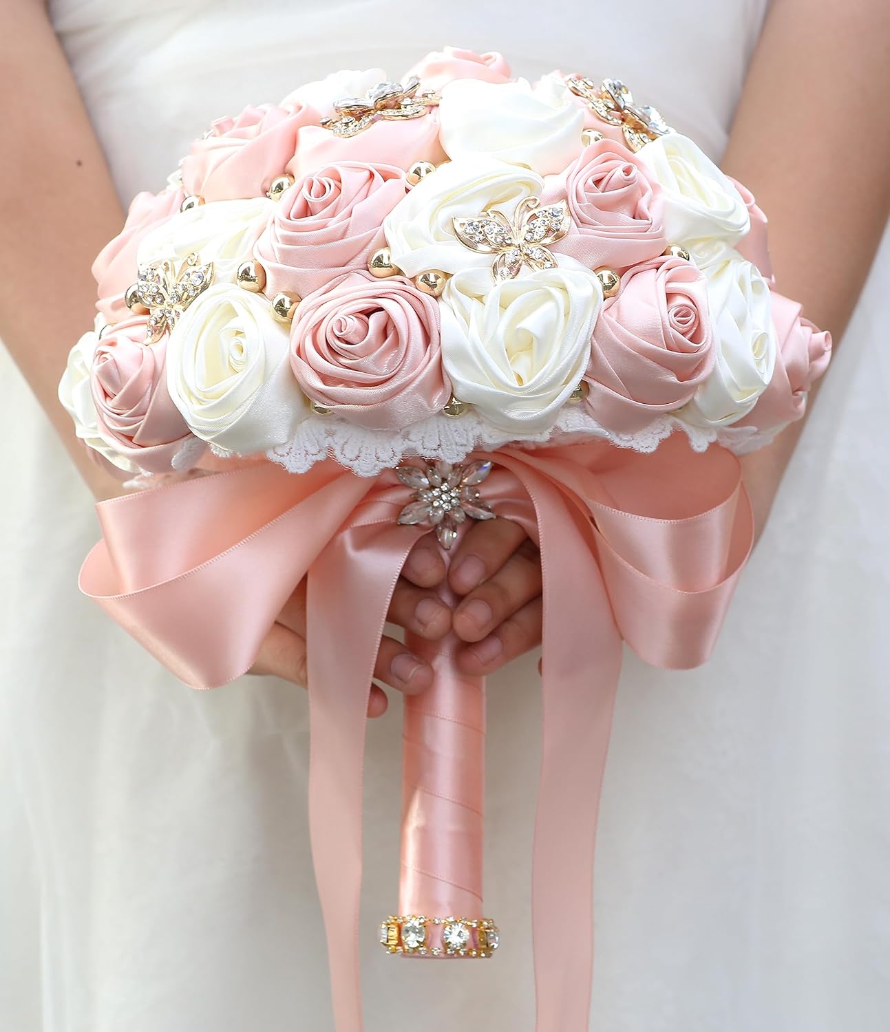 Handmade Bridal Wedding Bouquet (Pink &#x26; Ivory, 7.1&#x22;/18cm)
