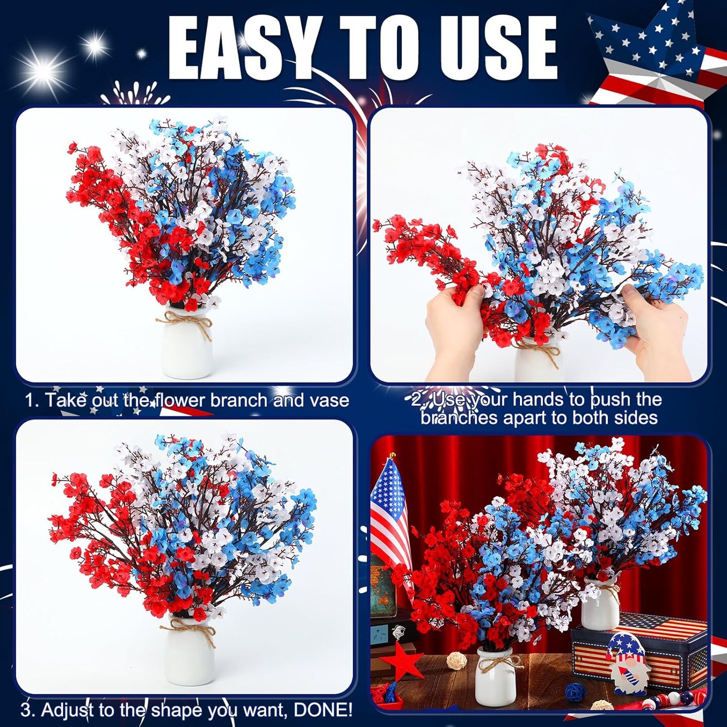 2 Set 4th of July Artificial Flowers Table Decoration Red Blue White