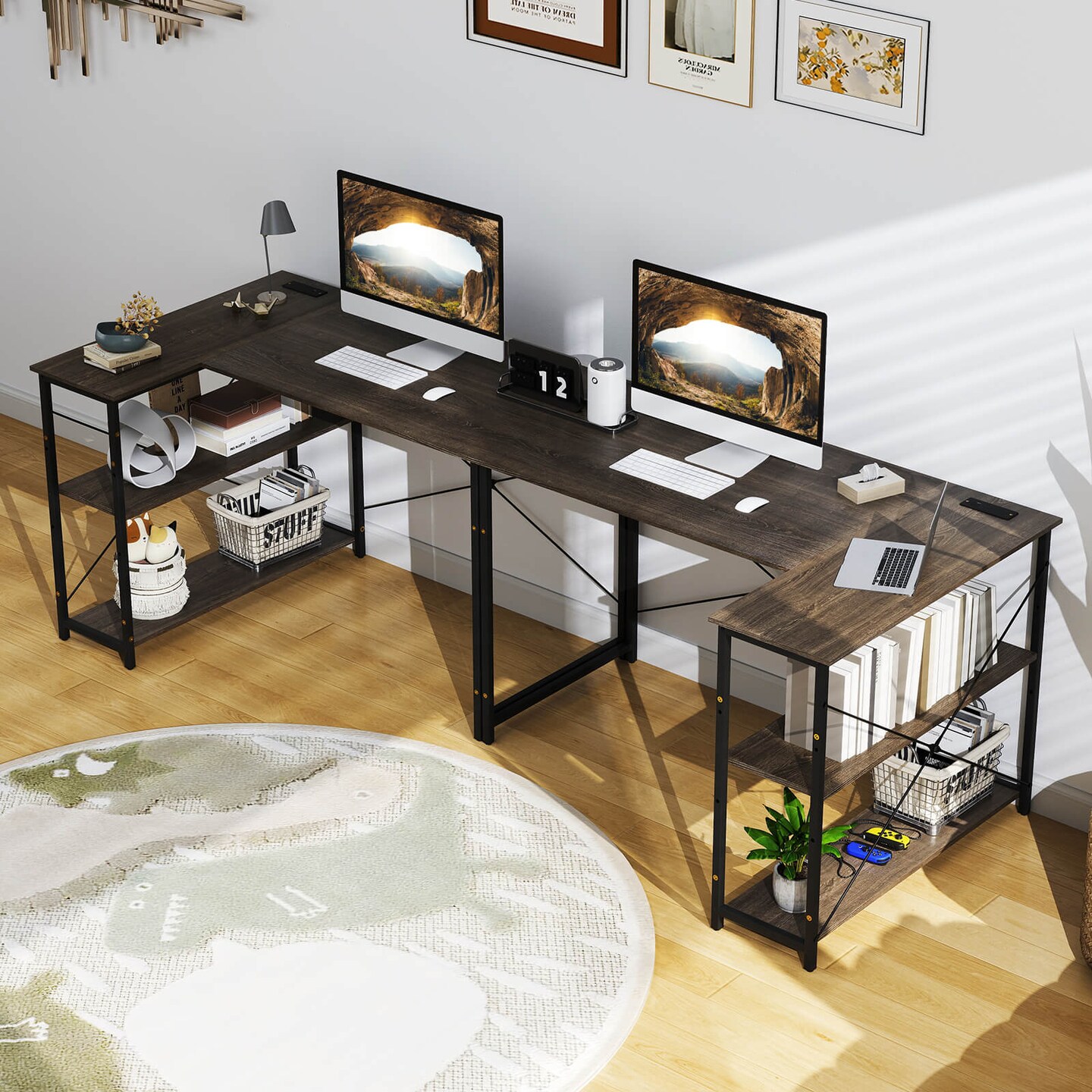 Costway 48'' Reversible L Shaped Computer Desk Home Office Table Adjustable Shelf Brown\Gray\Natural