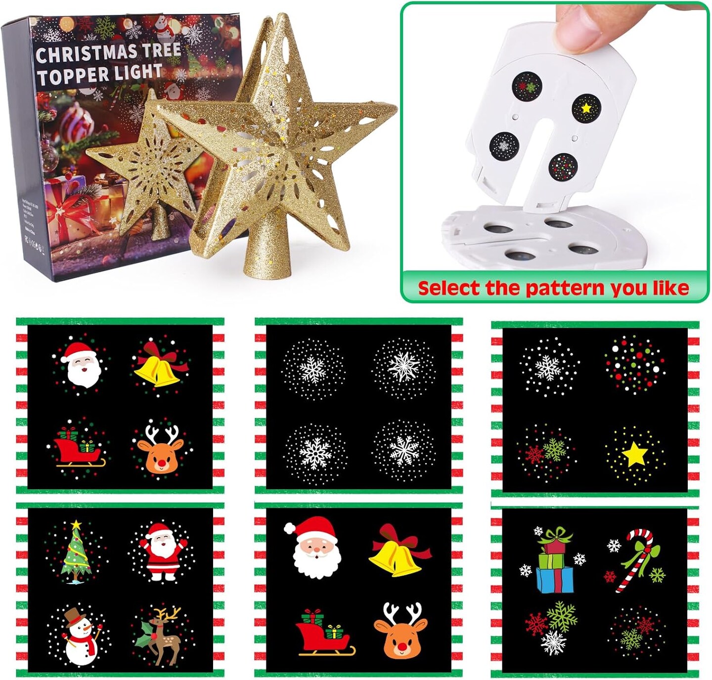 Christmas Tree Topper Star Lighted with 6 Projection Modes( Gold)