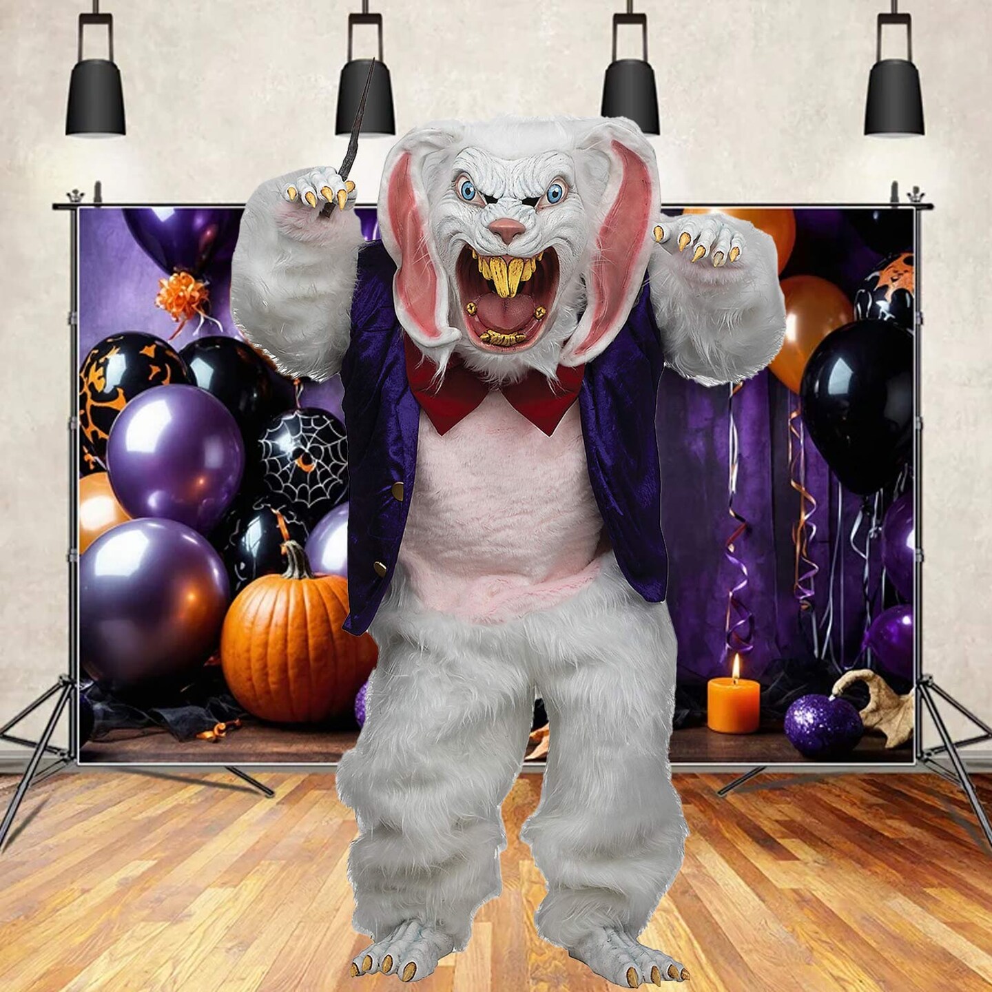 Adult Mega Bunny Costume White Jumpsuit with Vest Bow Tie Latex Hands Feet and Mask