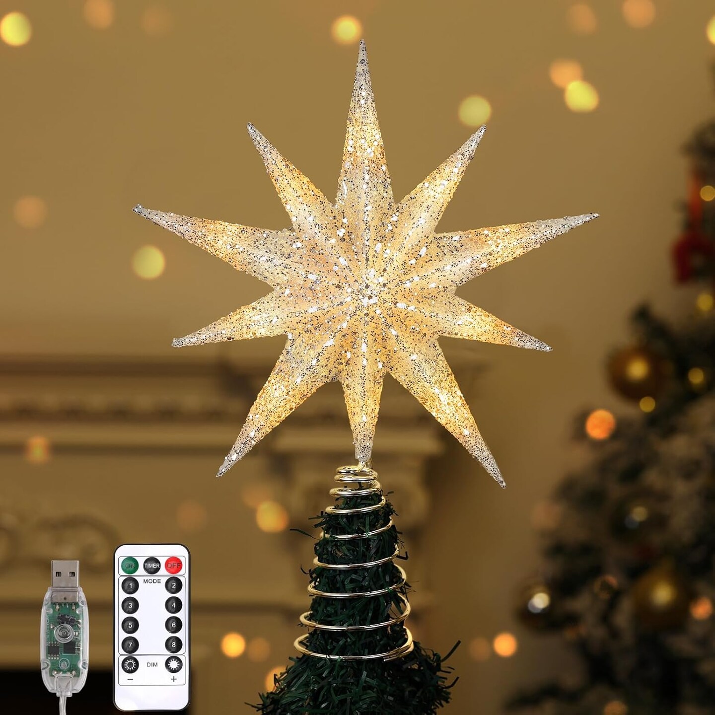 13inch Xmas Tree Topper with LED Light Beads(Silver)