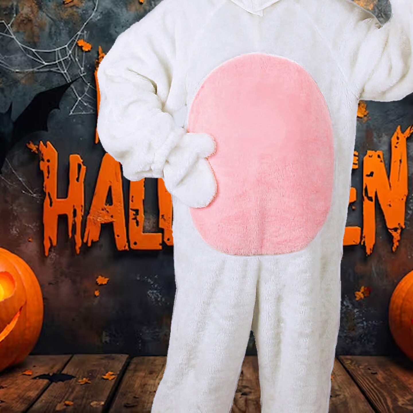 Adult Bunny Suit with Hood Plush Full Body Pink and White with Mitts and Shoe Covers