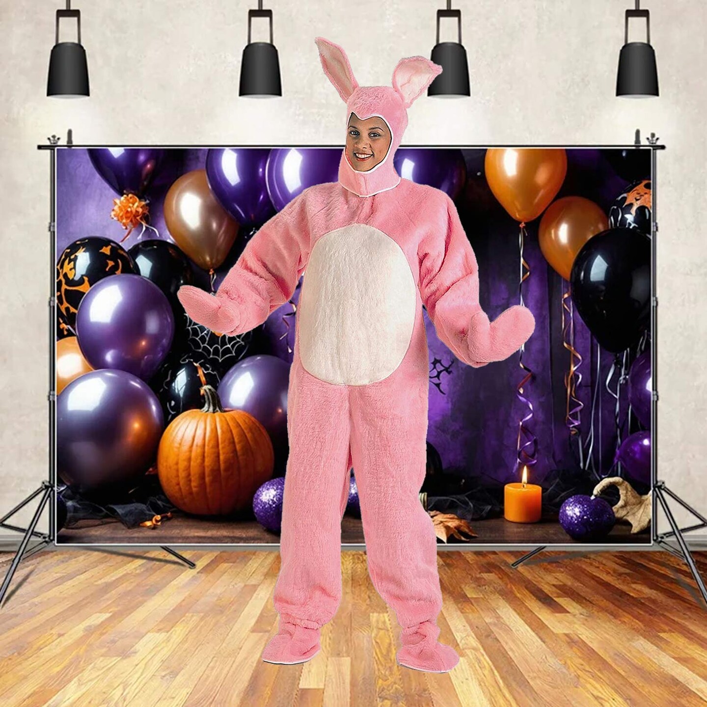 Adult Bunny Suit with Hood Plush Full Body Pink and White with