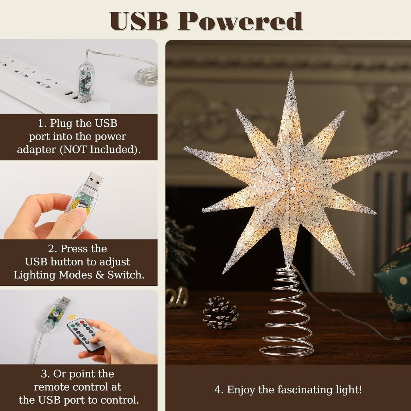 13inch Xmas Tree Topper with LED Light Beads(Silver)
