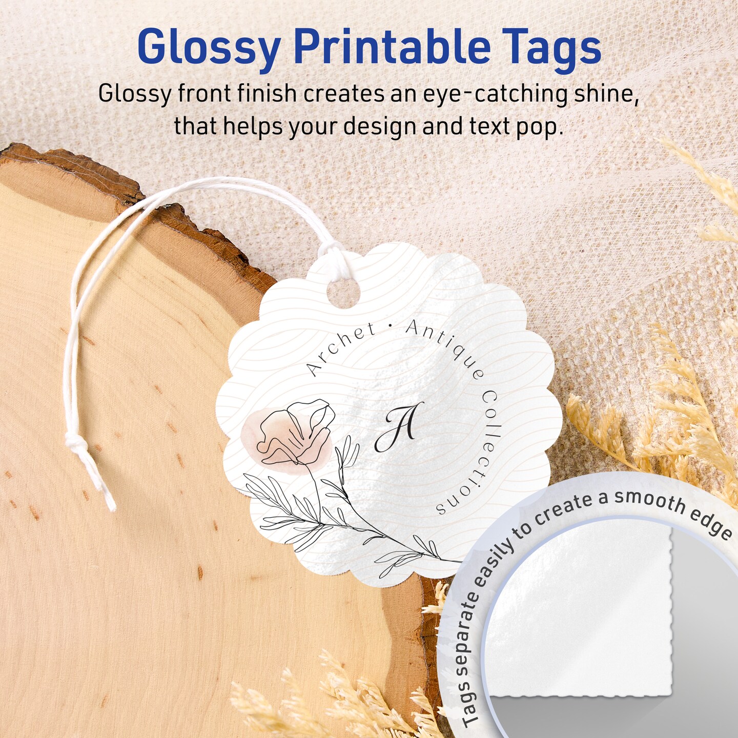 2-1/2" Diameter Round Scalloped Edge, Glossy White Printable Tags