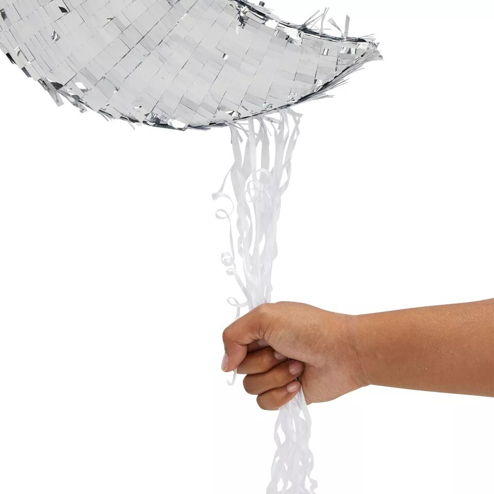 Silver Pull String Crescent Moon Pinata for Birthday, Gender Reveal, 17x11x3