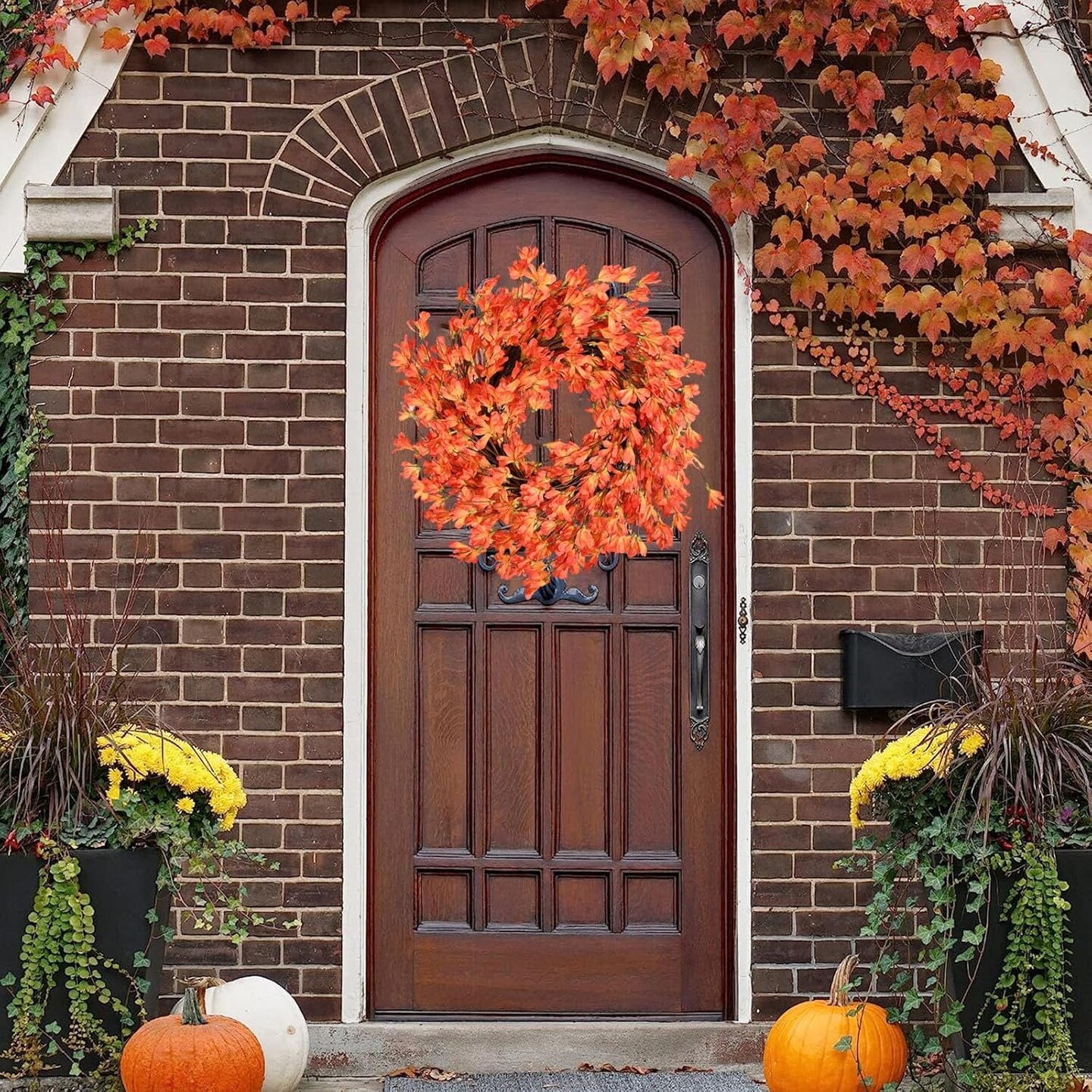 Orange Forsythia Wreath with Handmade Slik Flower Wreath on Grapevine for Wall, Window, Wedding,Thanksgiving Decor and Harvest Festival Celebration