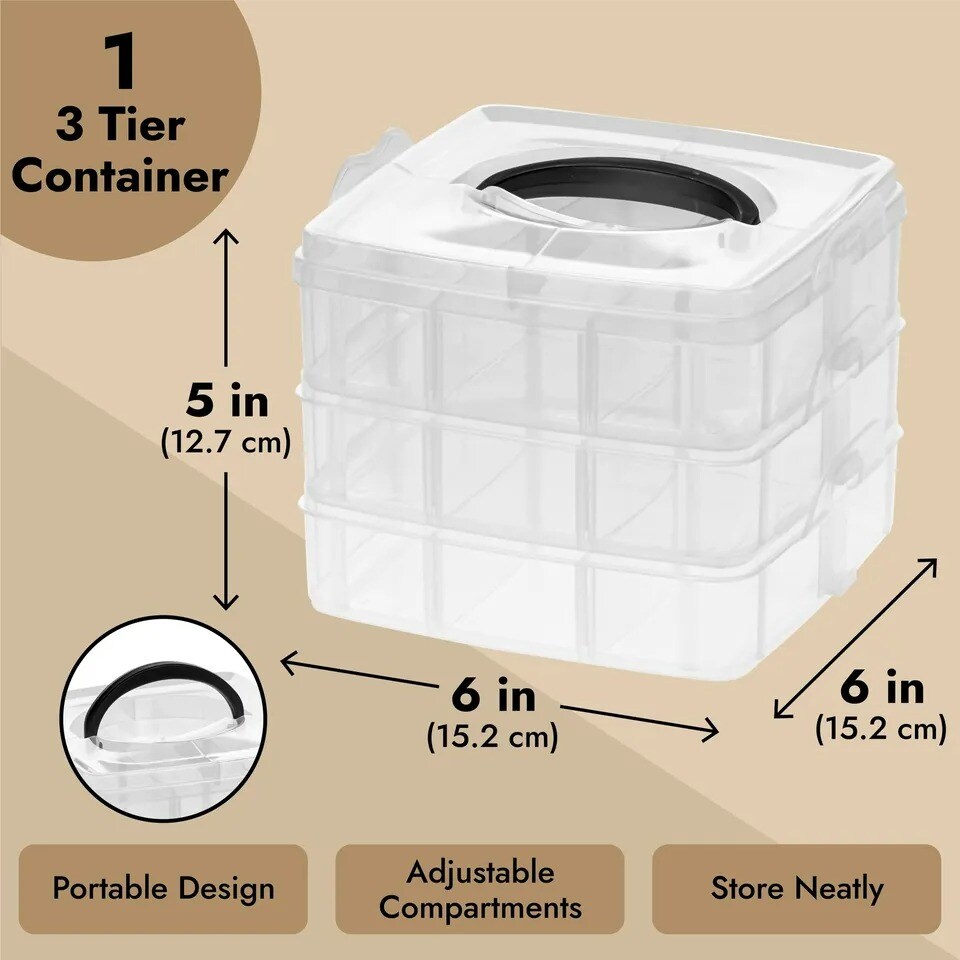 3 Tier Stackable Storage Containers, Adjustable Plastic Box Bead Storage, 6x6x5&#x22;