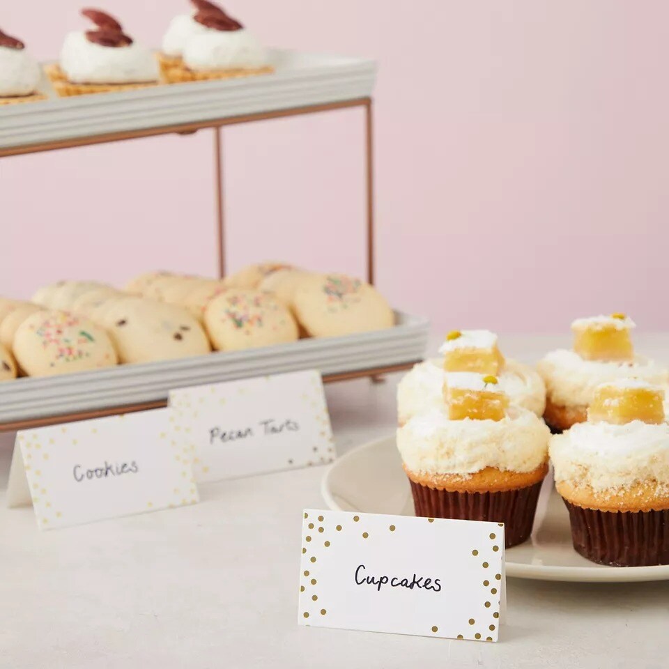 100 Pack Wedding Name Place Cards for Table, Gold Polka Dot Cards, 2x3.5 In
