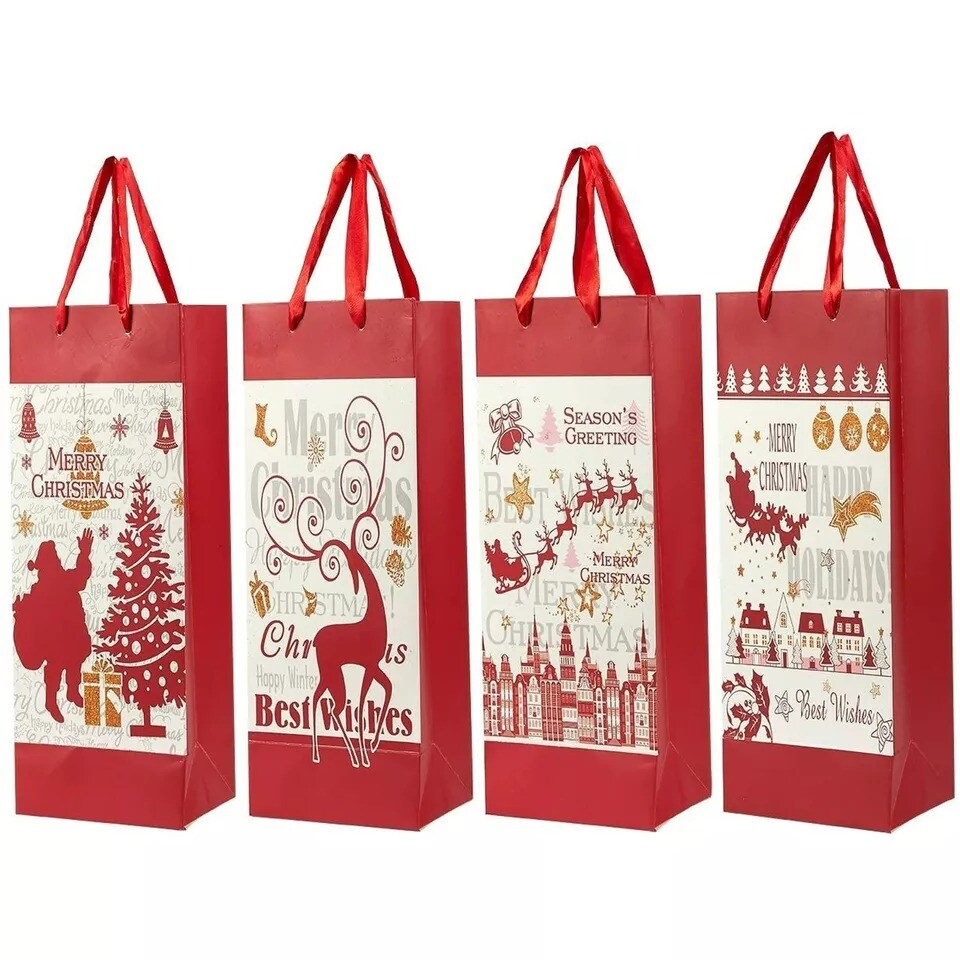 12 Pack Christmas Wine Bags, Paper Tote Gift Wrapping Bag with Handles 4x5x13.5"