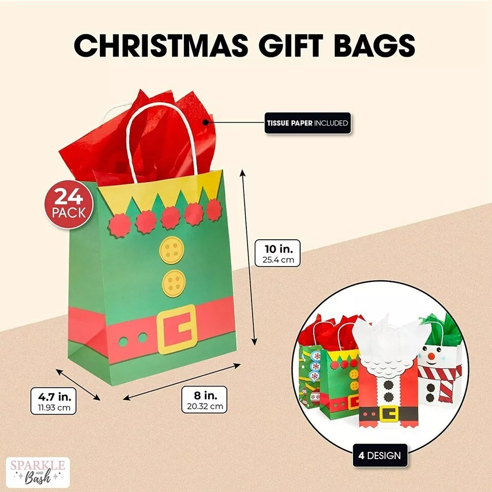 24 Christmas Gift Bags with Tissue Paper, Medium with Handle for Party 8x10x4.7&#x22;