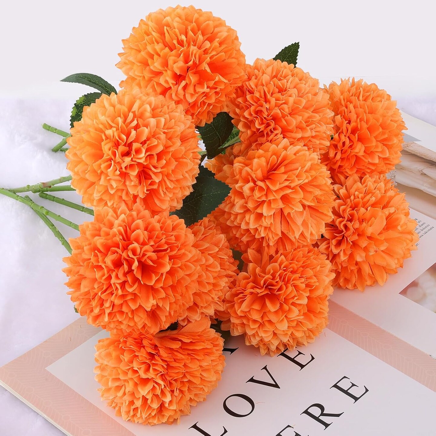 12 Pcs Artificial Chrysanthemums Flowers Ball Flowers, Orange Fake Mums Flowers Silk Fall Flowers