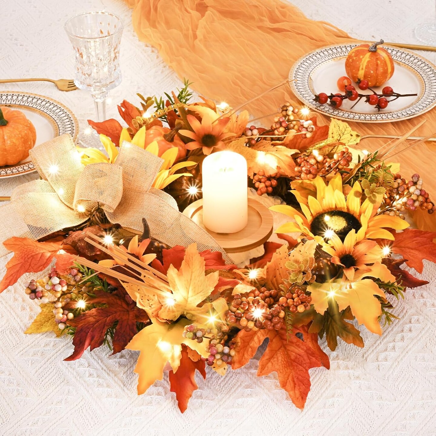 Artificial Autumn Wreath with Lights Maple Leaf Sunflower Wreath Pumpkins, Berries and Burlap Bow for Thanksgiving Home Indoor Outdoor Decoration