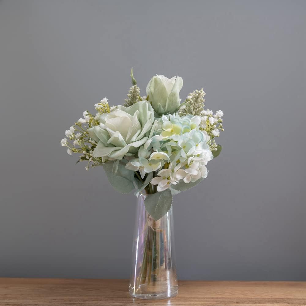 Artificial Fake Flowers Faux Silk Flower Table Arrangements Bouquets with Roses Hydrangeas (Green)