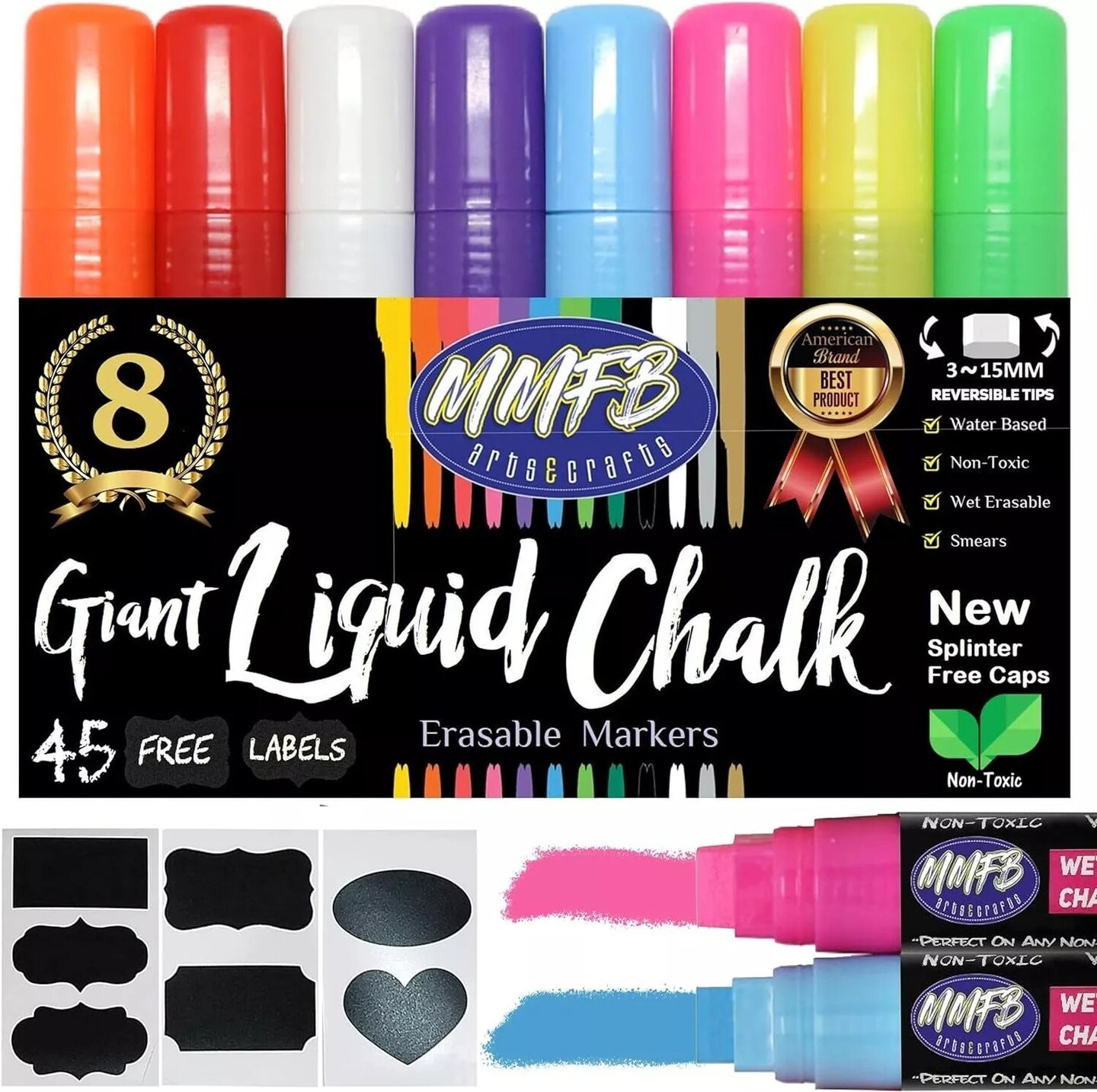 Chalk Markers - Liquid Chalk Paint Pens, 8 pack Bright 15mm