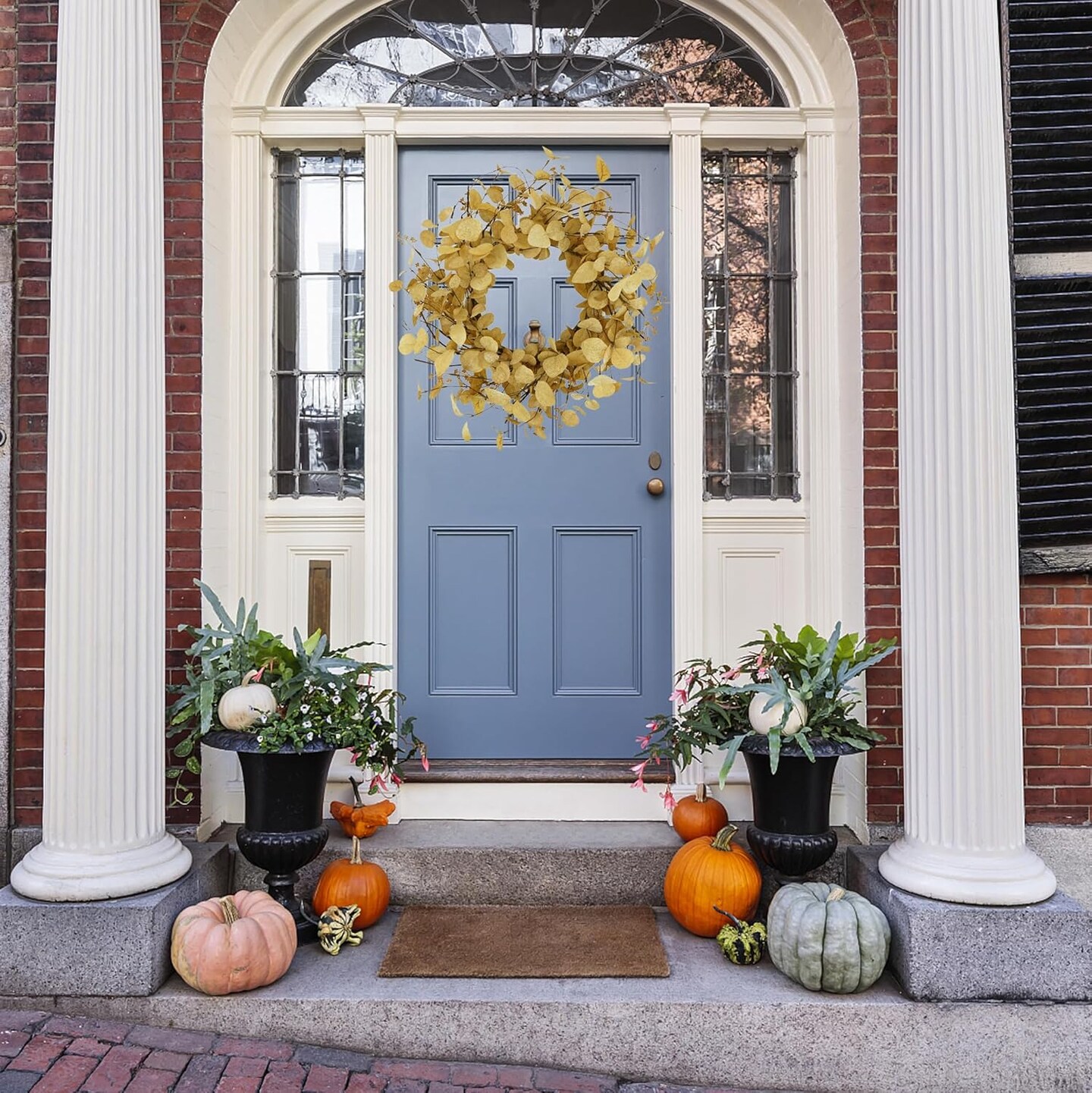 Artificial Fall Eucalyptus Wreath for Front Door with Beige Eucalyptus Leaves,Dry Vine Branches