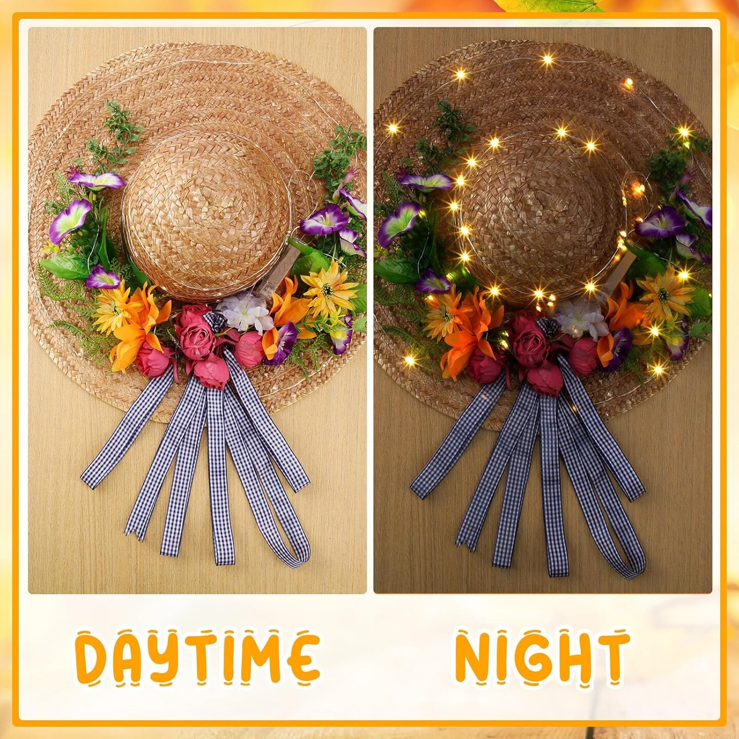 Straw Hat Wreath Lighted Artificial Flower Wreaths Wide Brim Straw Wreath with String Lights for Window Wall Mantel