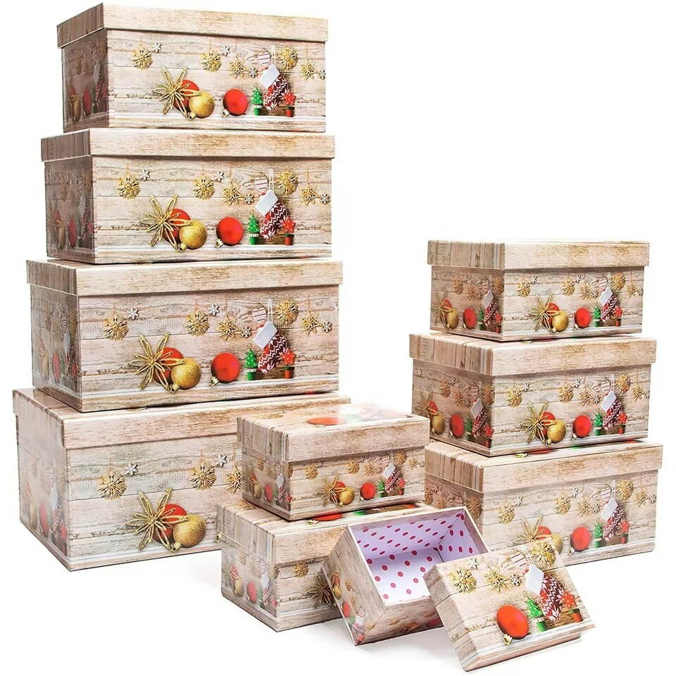 10 Pk Nesting Christmas Gift Boxes with Lids for Presents in 10 Sizes