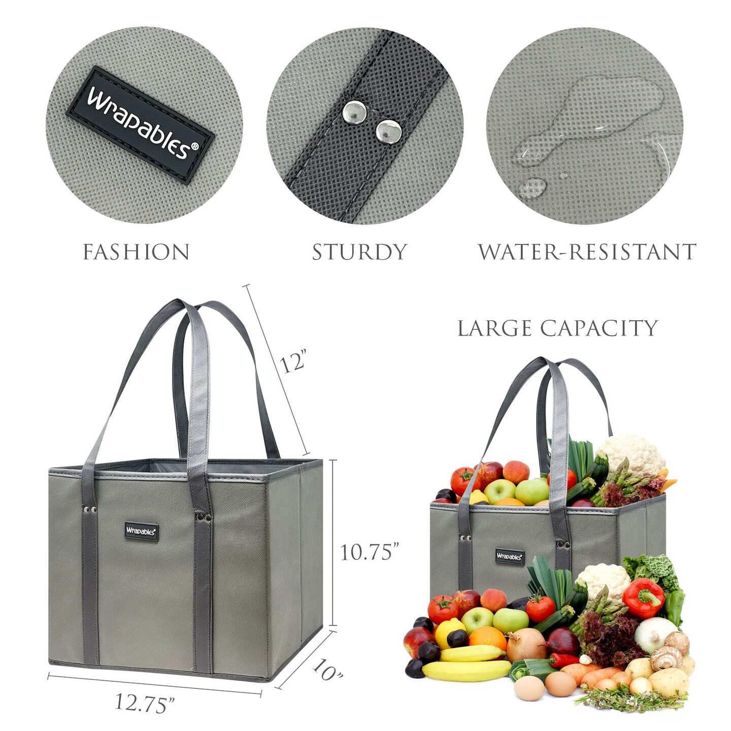 Wrapables 3Pk Reusable Grocery Bags, Heavy Duty Large Foldable Storage Shopping Totes with Reinforced Handles, Gray