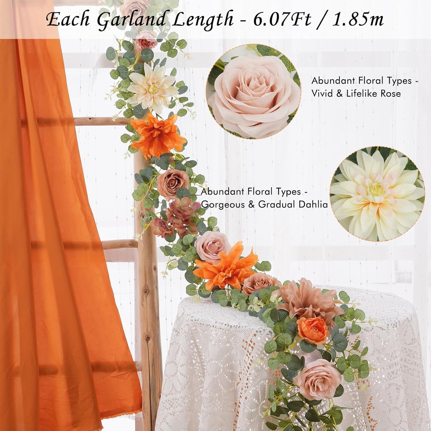 Fall Garland Decor, 6.07Ft Eucalyptus Flower Garland for Table, Fall Floral Garland with Terracotta Flowers