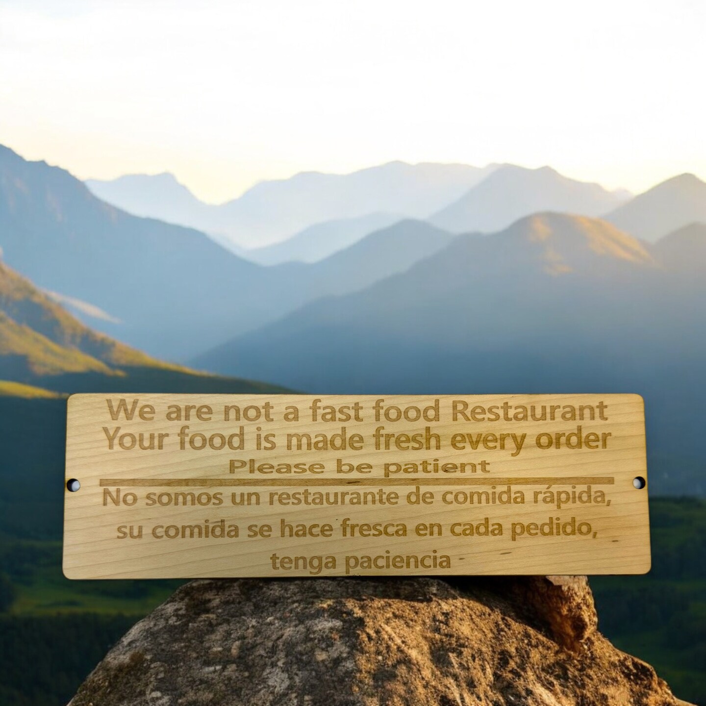 Sign - English &#x26; Spanish - We are not a fast food restaurant Please Be Patient