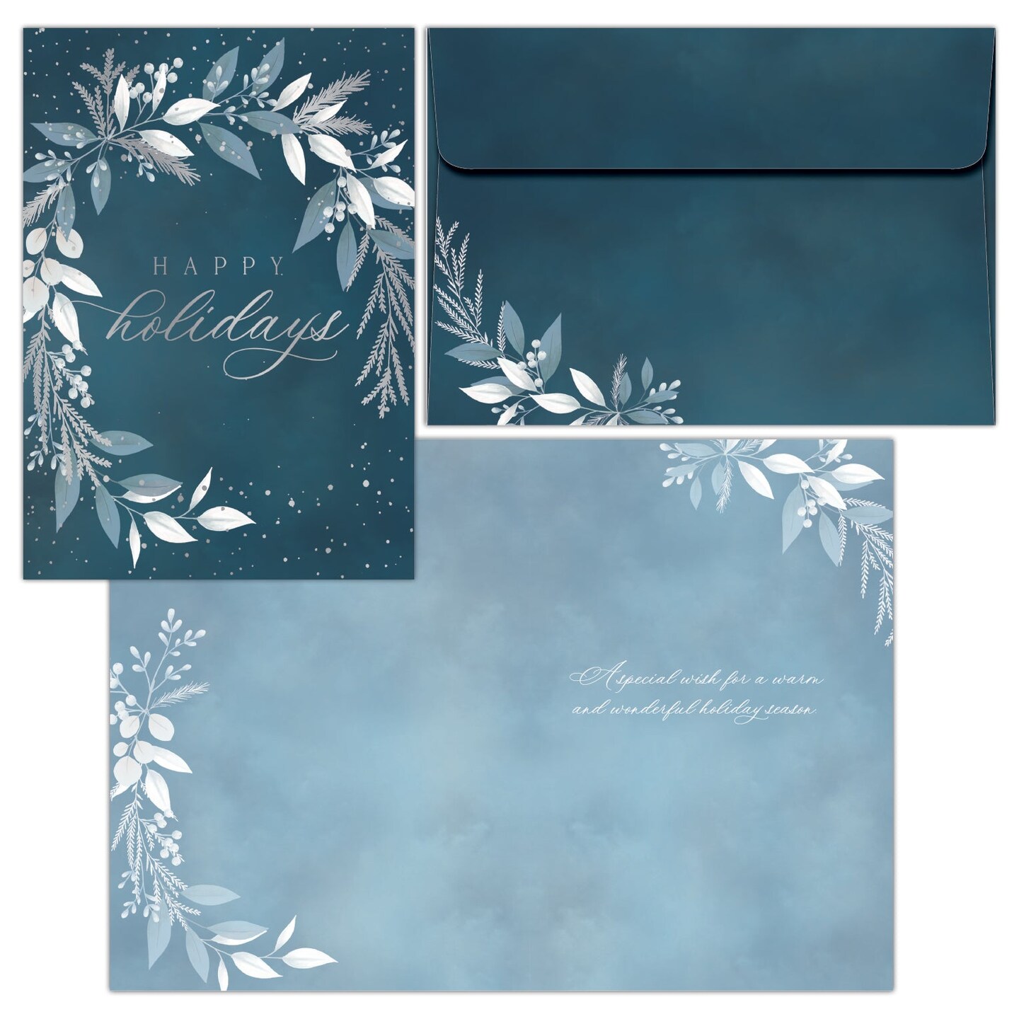 Boxed Christmas Cards- Natural Blue Wreath, Happy Holidays -16 Cards &#x26; Envelopes