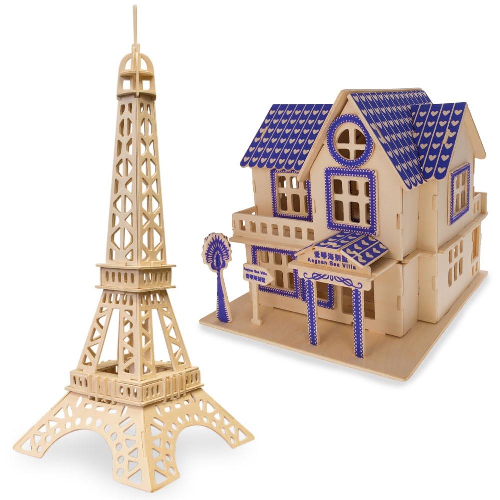 Set of 2 Eiffel Tower and House Model Kit Wooden 3D Puzzles