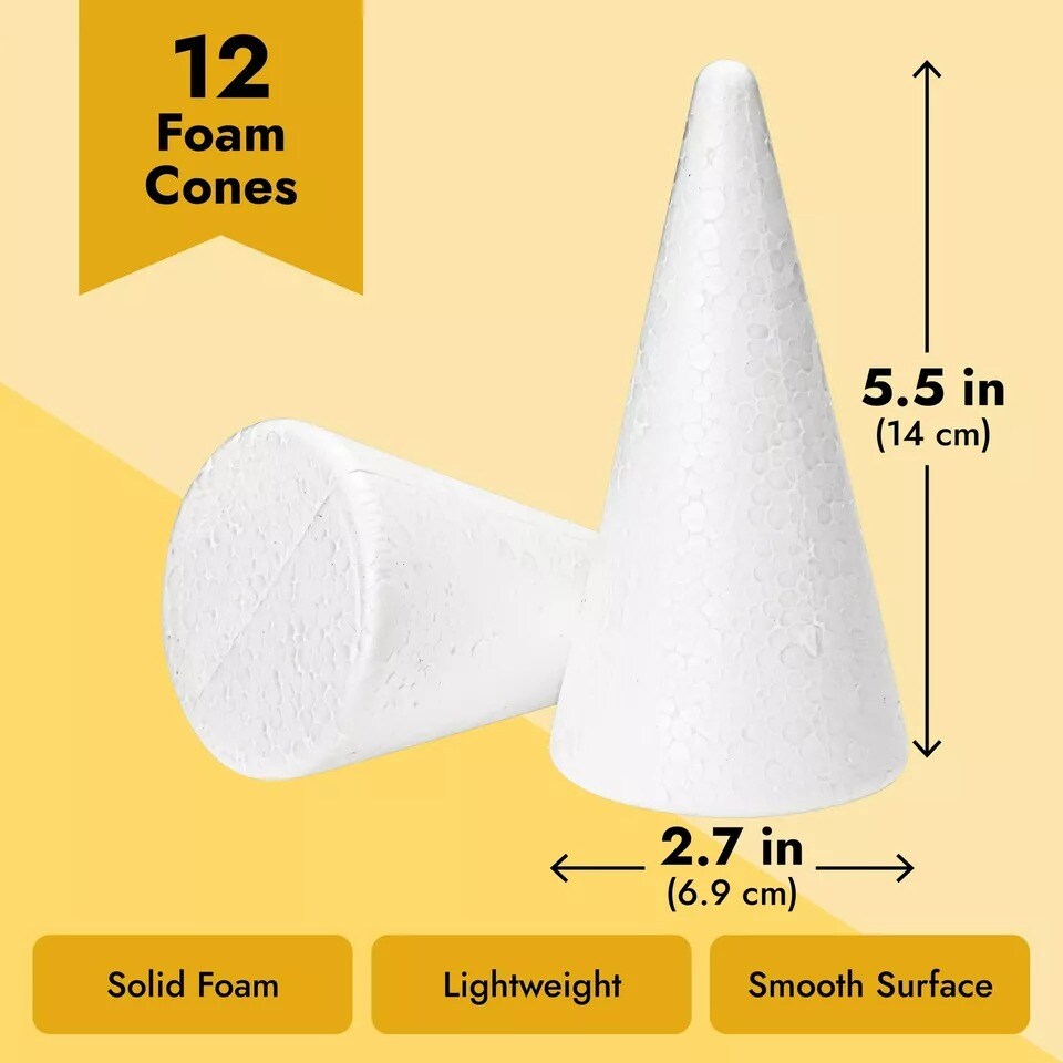 12 Pack Foam Cones for Crafts, Trees, Holiday Decorations (White, 2.7 x 5.5 In)
